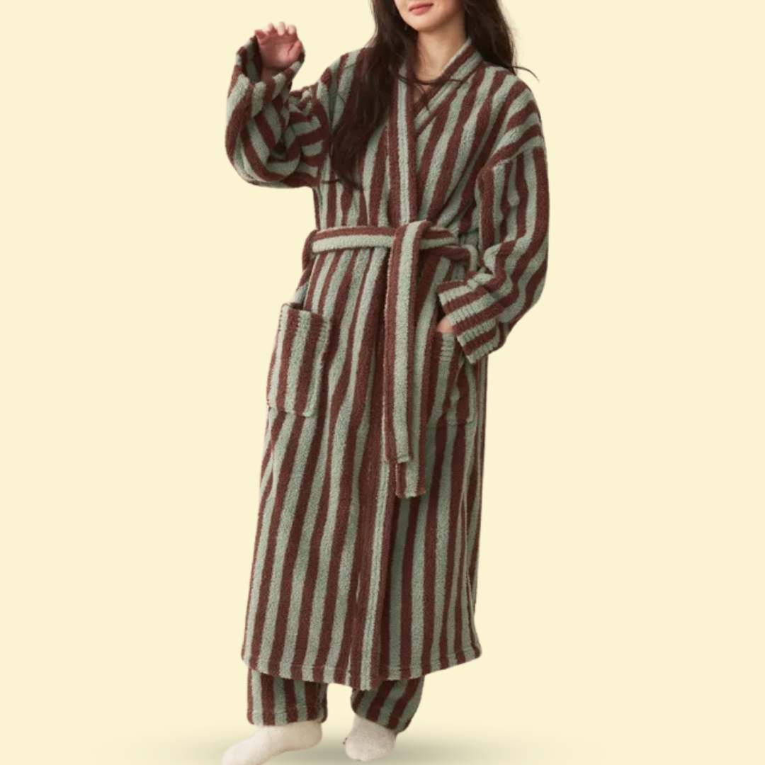 Thick Fleece Brown Stripes Bathrobe - Feature image 2