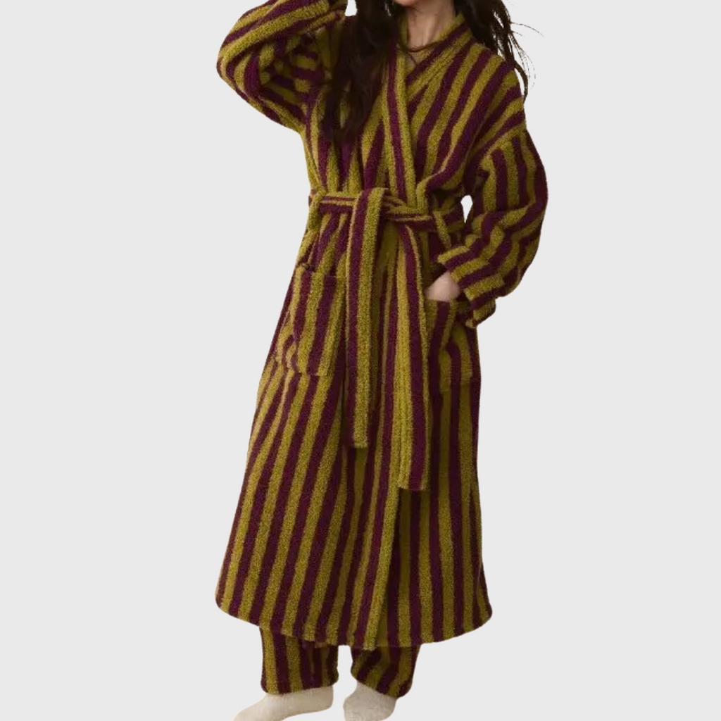 Thick Coral Fleece Burgundy Stripes Bathrobe