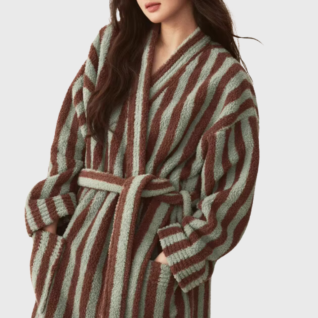 Thick Coral Fleece Brown Stripes Bathrobe