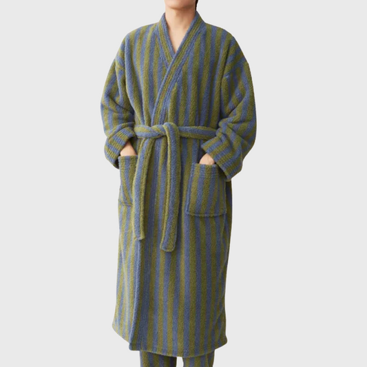 Thick Coral Fleece Green Stripes Bathrobe