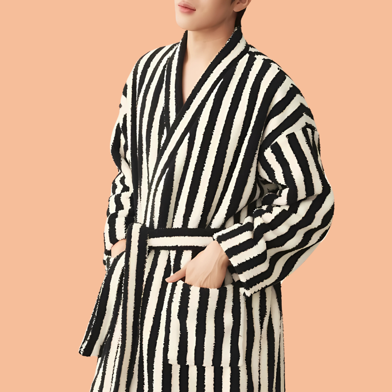 Thick Coral Fleece White Stripes Bathrobe