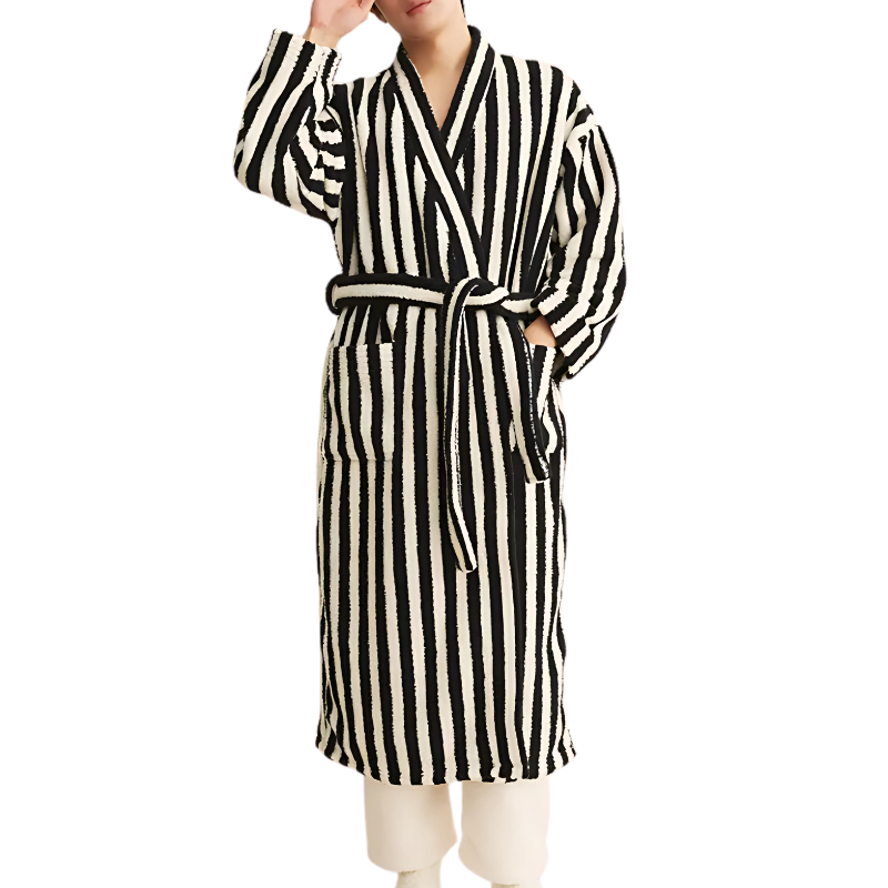 Thick Coral Fleece White Stripes Bathrobe