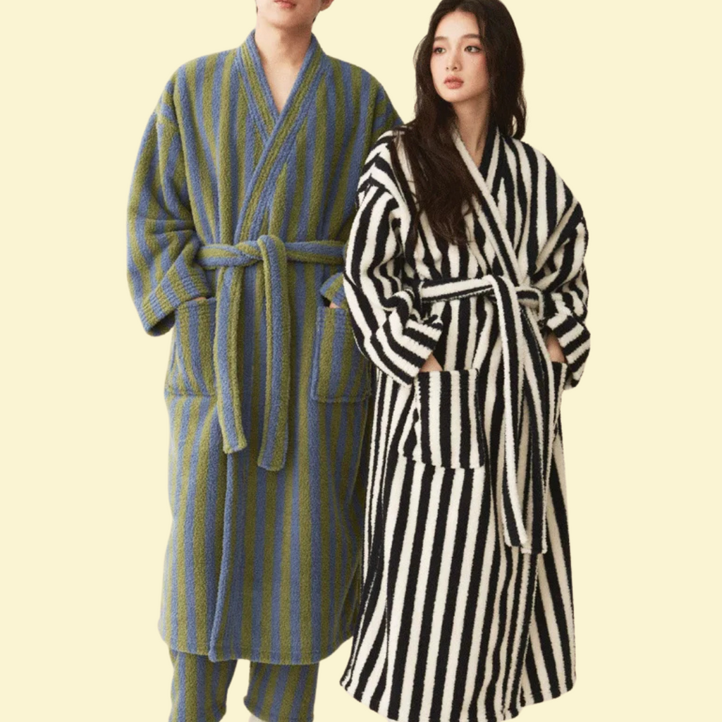 Thick Coral Fleece Green Stripes Bathrobe