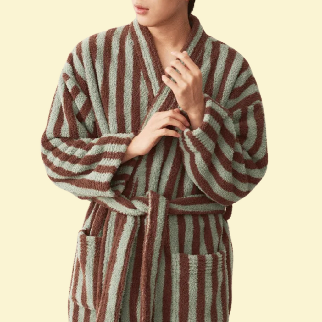 Thick Coral Fleece Brown Stripes Bathrobe