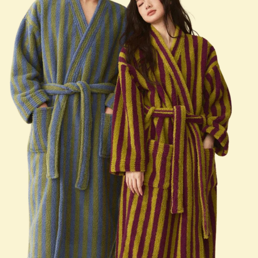 Thick Coral Fleece Burgundy Stripes Bathrobe
