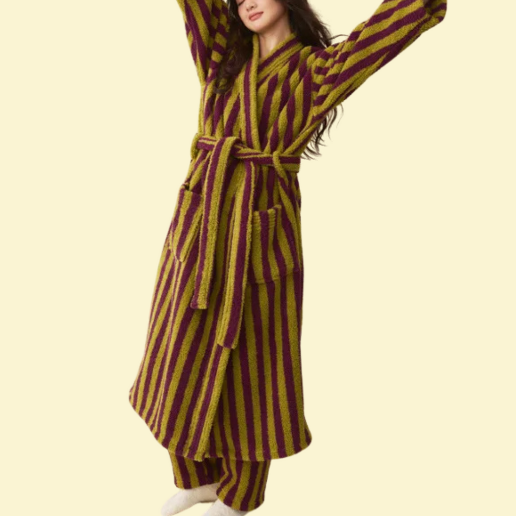 Thick Coral Fleece Burgundy Stripes Bathrobe